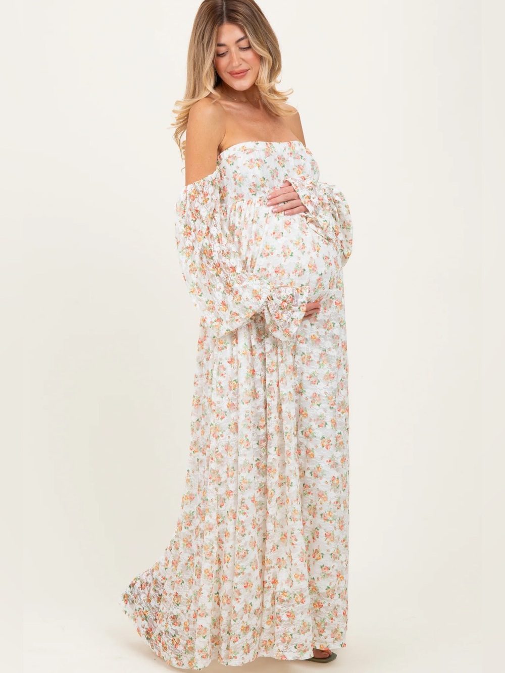 Pinkblush White Floral Off-Shoulder Maternity Maxi Dress
